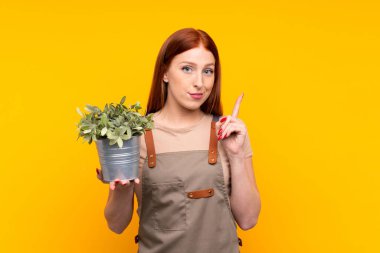 Genç kızıl saçlı bahçıvan kadın, sarı arka planda bir bitki tutuyor işaret parmağıyla işaret ediyor. Harika bir fikir.