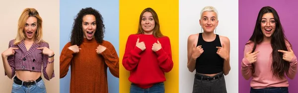 Frauen Mit Buntem Hintergrund Und Überraschendem Gesichtsausdruck — Stockfoto