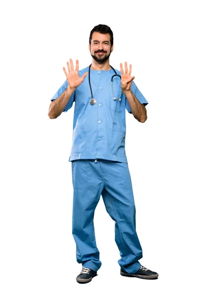 Full Length Shot Surgeon Doctor Man Counting Eight Fingers Isolated — Stock Photo, Image