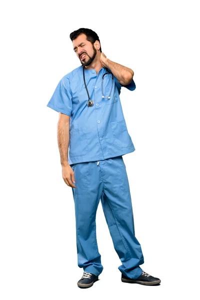 Full Length Shot Surgeon Doctor Man Neckache Isolated White Background — Stock Photo, Image