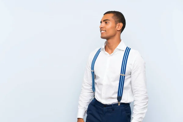 Young Handsome Brunette Man Suspenders Isolated Background Looking Side — ストック写真