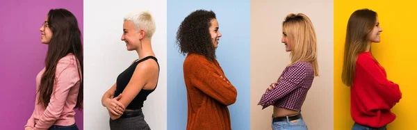 Frauen Mit Farbenfrohem Hintergrund Seitenlage — Stockfoto