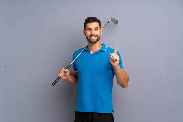Hezký Mladý Muž Hrající Golf Ukazuje Skvělý Nápad — Stock fotografie