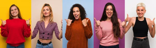 Frauen Über Farbenfrohen Hintergründen Mit Daumen Hoch Geste Und Lächeln — Stockfoto