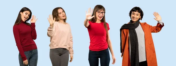 Set Women Isolated Blue Background Saluting Hand Happy Expression — Stock Photo, Image