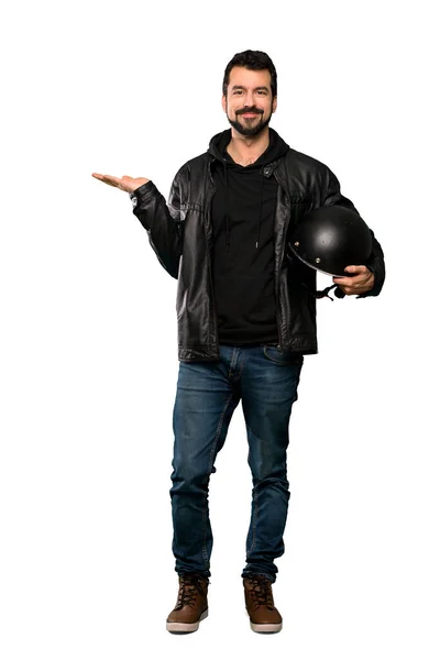 Full Length Shot Van Biker Man Holding Copyspace Denkbeeldige Palm — Stockfoto