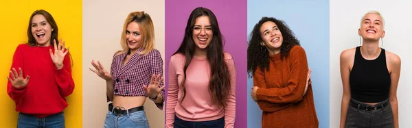 Set Van Vrouwen Kleurrijke Achtergronden Glimlachen — Stockfoto