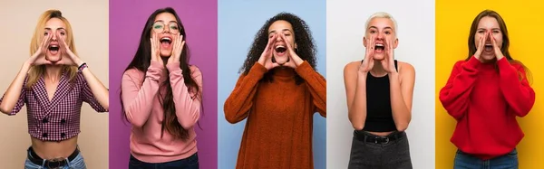 Ensemble Femmes Sur Des Milieux Colorés Criant Annonçant Quelque Chose — Photo