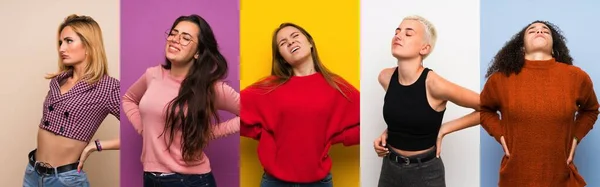 Set Donne Sfondi Colorati Che Soffrono Mal Schiena Aver Fatto — Foto Stock