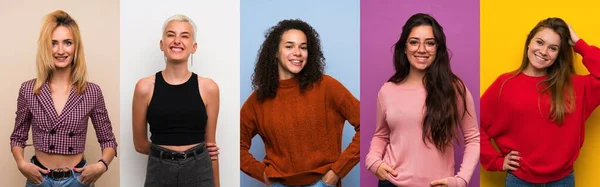 Conjunto Mujeres Sobre Fondos Coloridos Riendo —  Fotos de Stock