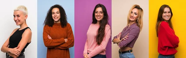 Conjunto Mujeres Sobre Fondos Coloridos Con Los Brazos Cruzados Mirando —  Fotos de Stock