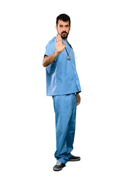 Full Length Shot Surgeon Doctor Man Making Stop Gesture Isolated — Stock Photo, Image