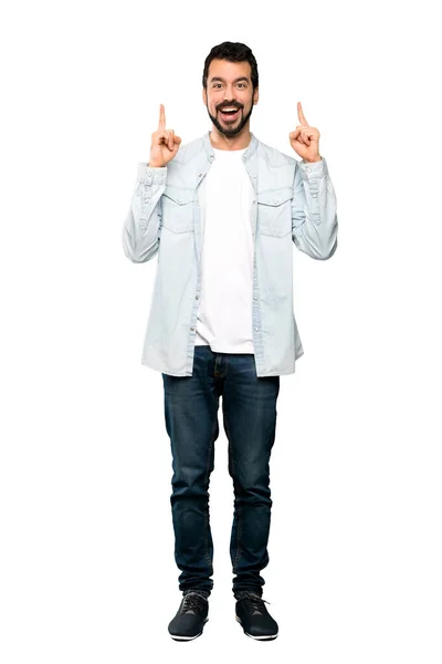 Tiro Completo Homem Bonito Com Barba Apontando Para Cima Uma — Fotografia de Stock