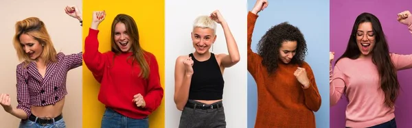 Set Donne Sfondi Colorati Che Celebrano Una Vittoria — Foto Stock