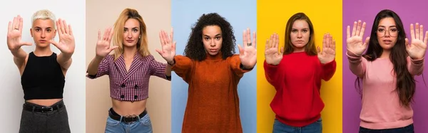 Conjunto Mulheres Sobre Fundos Coloridos Fazendo Parar Gesto Decepcionado — Fotografia de Stock