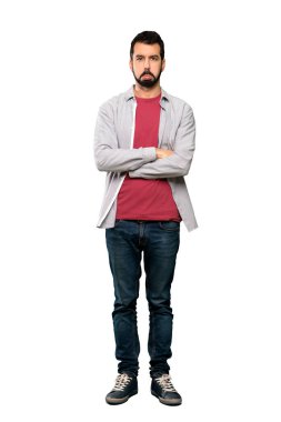 Üzgün ve depresyonda ifade izole beyaz arka plan üzerinde ile sakallı yakışıklı adam tam uzunlukta atış