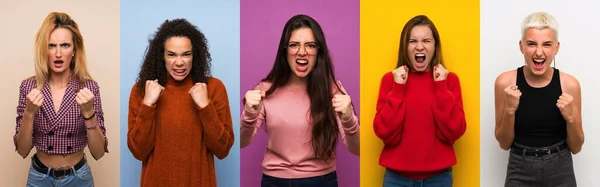 Conjunto Mujeres Sobre Fondos Coloridos Frustrados Por Una Mala Situación —  Fotos de Stock