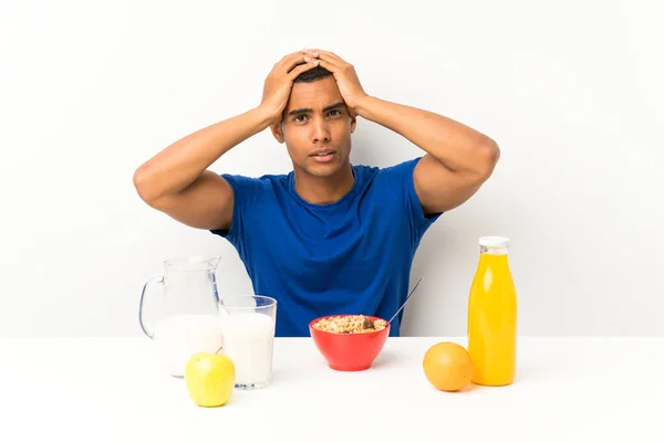 Young Man Having Breakfast Table Surprise Facial Expression — Stock Photo, Image