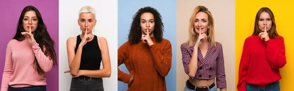 Uppsättning Kvinnor Över Färgglada Bakgrunder Visar Ett Tecken Tystnad Gest — Stockfoto