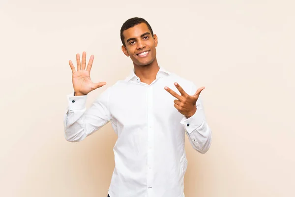 Young Handsome Brunette Man Isolated Background Counting Eight Fingers — Stock Photo, Image