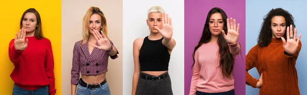 Set Van Vrouwen Kleurrijke Achtergronden Maken Stop Gebaar — Stockfoto