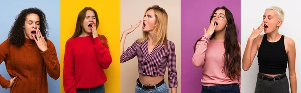 Set Donne Sfondi Colorati Sbadigliare Coprire Bocca Spalancata Con Mano — Foto Stock