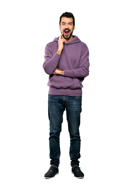 Full Length Shot Van Handsome Man Met Sweatshirt Met Verrassing — Stockfoto