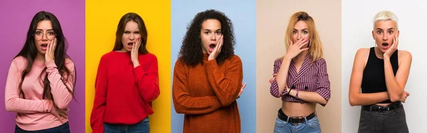 Conjunto Mujeres Sobre Fondos Coloridos Sorprendidos Sorprendidos Mientras Mira Derecha — Foto de Stock