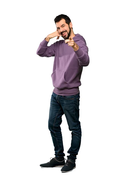 Full Length Shot Handsome Man Sweatshirt Making Phone Gesture Pointing — Stock Photo, Image