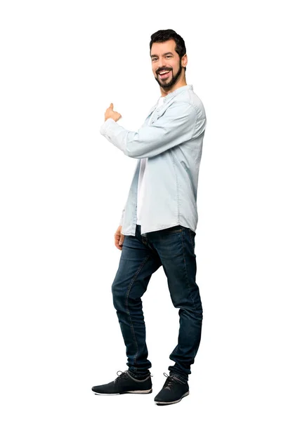 Full Length Shot Handsome Man Beard Pointing Back Isolated White — Stock Photo, Image