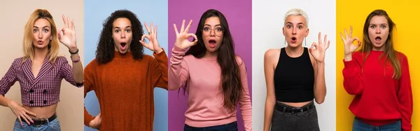 Conjunto Mujeres Sobre Fondos Coloridos Sorprendidos Mostrando Signo — Foto de Stock