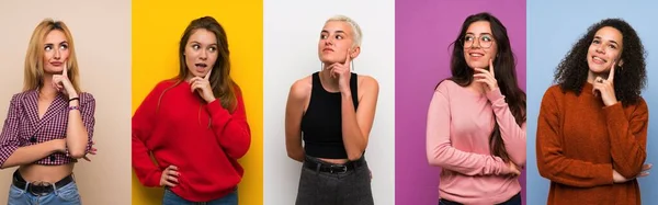 Set of women over colorful backgrounds thinking an idea while looking up