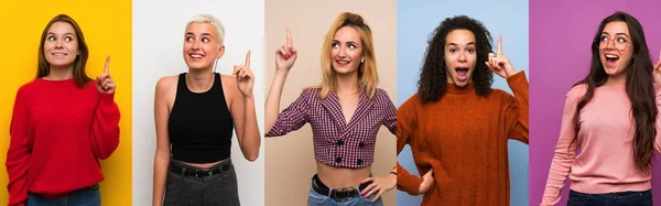 Frauen Mit Buntem Hintergrund Die Die Lösung Realisieren Wollen Während — Stockfoto