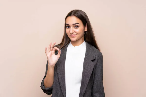 Jong Meisje Geïsoleerde Achtergrond Tonen Een Teken Met Vingers — Stockfoto