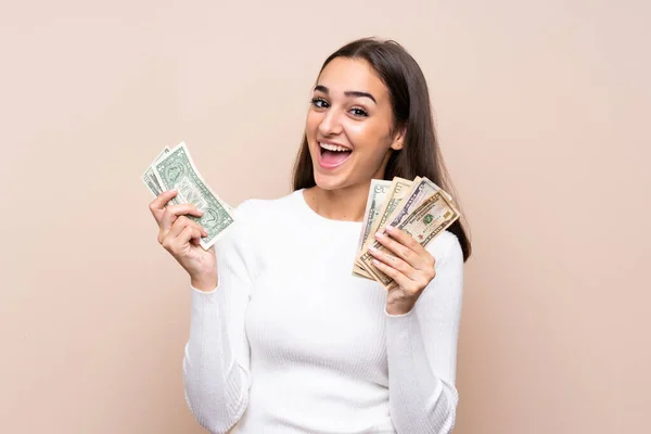 Young Woman Isolated Background Taking Lot Money — Stock Photo, Image