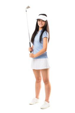 Izole beyaz arka plan üzerinde Genç Asyalı golfçü kız