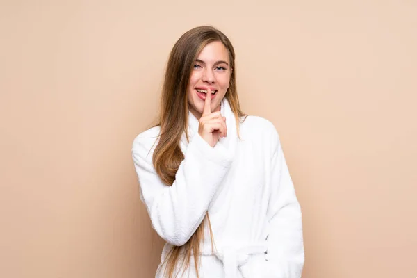 Teenager Girl Bathrobe Isolated Background Doing Silence Gesture — Stock Photo, Image