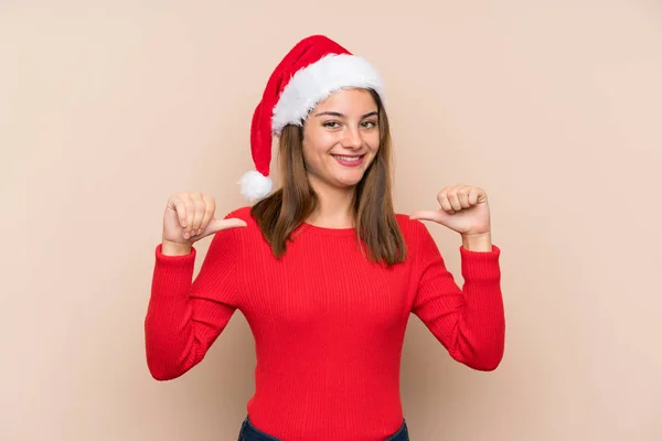 Jeune Fille Avec Chapeau Noël Sur Fond Isolé Fier Satisfait — Photo