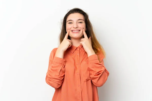 Young Brunette Girl Isolated White Background Smiling Happy Pleasant Expression — Stock Photo, Image