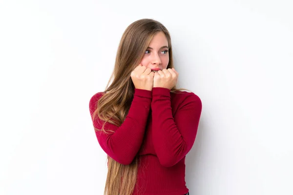 Teenager Blonde Girl Isolated White Background Nervous Scared Putting Hands — Stock Photo, Image