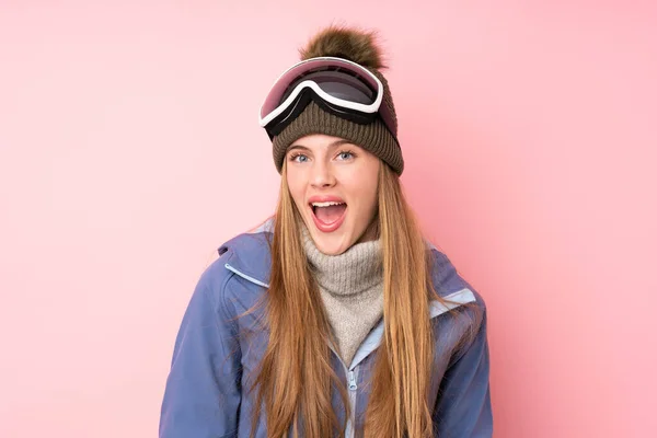 Skier Teenager Girl Snowboarding Glasses Isolated Pink Background Surprise Facial — Stock Photo, Image