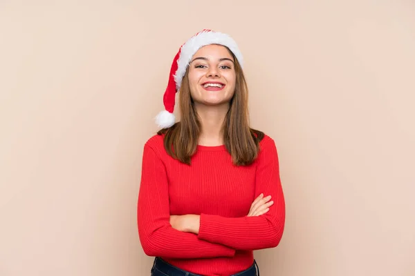 Jeune Fille Avec Chapeau Noël Sur Fond Isolé Riant — Photo