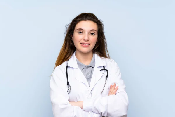 Young Brunette Girl Isolated Blue Background Doctor Gown — Stock Photo, Image