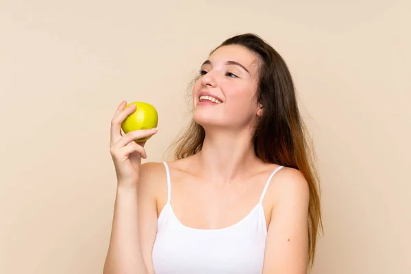 Fiatal Barna Lány Egy Almát Elszigetelt Háttér — Stock Fotó