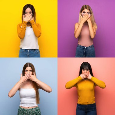 Set of women over isolated colorful backgrounds covering mouth with hands