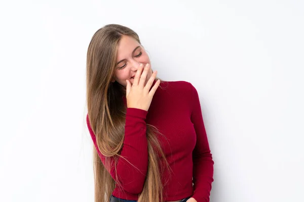 Teenager Blonde Girl Isolated White Background Smiling Lot — Stock Photo, Image