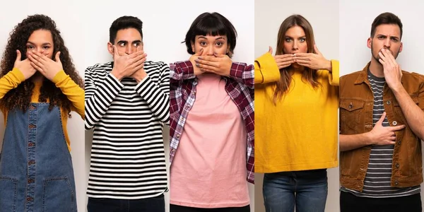 Set of people covering mouth with hands for saying something inappropriate