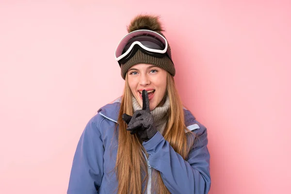 Skier Teenager Girl Snowboarding Glasses Isolated Pink Background Doing Silence — Stock Photo, Image