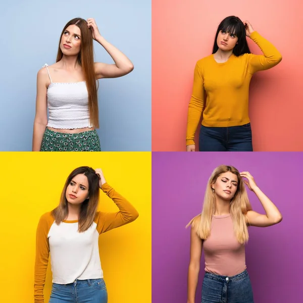 Zestaw Kobiet Odizolowanych Kolorowych Tłach Mających Wątpliwości Podczas Drapania Się — Zdjęcie stockowe
