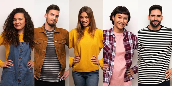 Conjunto Personas Posando Con Los Brazos Cadera Sonriendo —  Fotos de Stock